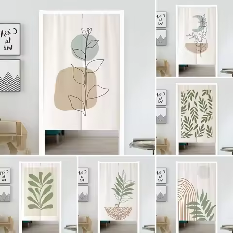 VIKAMA Boho Green Leaf Print Noren Curtain Japandi Style Privacy Curtain Bedroom Kitchen Entrance Pa