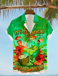 Its 5 Oclock Somewhere Parrot Mens Resort Hawaiian 3D Printed Shirt Button Up Short Sleeve Summer Be