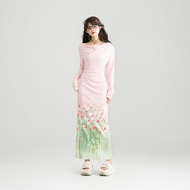 ชุดเดรสยาวรัดรูปเอวสูงทรงเข้ารูปแขนยาวพิมพ์ลาย KEIKO ฤดูใบไม้ร่วง 2025 ชุดเดรสยาวคลุมเข่าคอวีแขนยาว