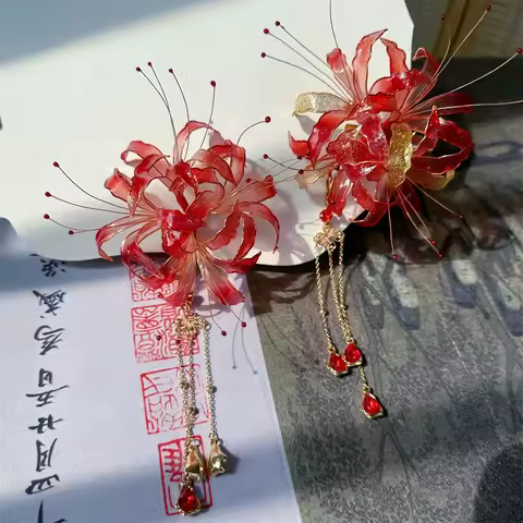 Handmade Tassel Lycoris Radiata Flower Hair Clip Handmade Ancient Style Hairpin Hanfu Cheongsam Acce