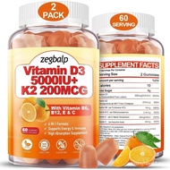 2Packs Vitamin D3 K2 Gummies for Adults, Sugar-Free Vitamin D3 5000IU + K2(MK-7) 200mcg Supplement w