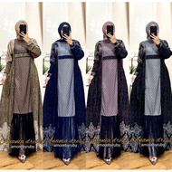 Anania Dress Muslim Gamis Tule Polkadot Rumbai Motif Bunga Terbaru