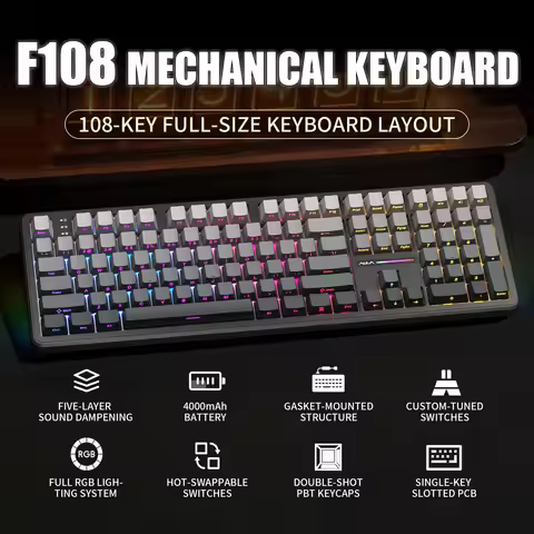 AULA F108 Mechanical Keyboard Custom 100% Layout Wireless with RGB Backlight Wireless Bluetooth Hifi