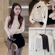 (Free Strapless Top) Thin Lace T-shirt with Ruffle Collar and Beautiful Feminine Bow Embroidered Pat