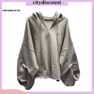 <citydiscount> Solid Color Drawstring Pullover Hoodie Autumn Batwing Sleeve V-Neck Women Sweatshirt 