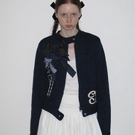 藏藍色 可拆卸蝴蝶結胸針 羊毛開衫 標本裝飾拉鏈毛衣外套