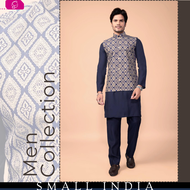 {**ส่งฟรี**} SMALL INDIA 💁‍♂️ Jacquard Silk NavyBlue Jacket Traditional Wear 💁‍♂️ Kurta Pajama For M