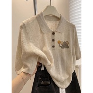 2025 Super Hot Ice Silk Hollow Knitted Oatmeal polo Shirt Short Short Short Sleeve Female Korean Sty