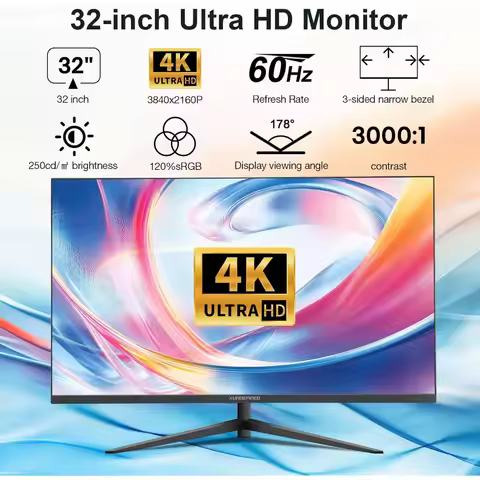 32 Inch 4K UHD Monitor, 3840x2160 Fast IPS, 3000:1 Contrast, sRGB 120%, Free-Sync, HDMI/DisplayPort,