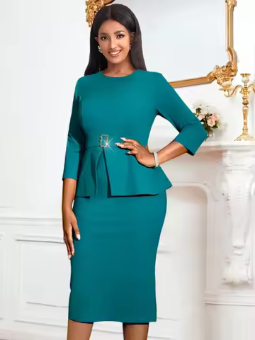 Green Office Lady Dresses O Neck 3/4 Sleeve High Waist Peplum Package Hip Work Casual Bodycon Midi D