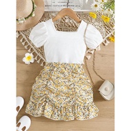 Claire Kids Girls Puff Short Sleeve T-Shirt and Floral Printed A-Line Skirt Set 42127