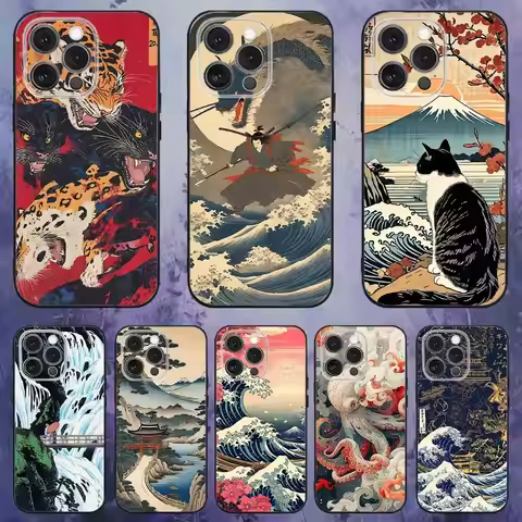 Japan Style Ukiyo-e Phone Case For iPhone 17,16,15,14,13,12,Pro,Max,Plus,E,SE4,Air,Mini Black Soft B