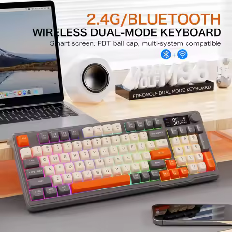 FreeWolf M96 Wireless Keyboard with Screen,Bluetooth Keyboard Dual-Mode Connection,Multi-Device Link
