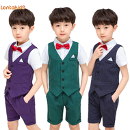 lontakids ชายลายชุดสูท (เสื้อกั๊ก + เสื้อ + กางเกง + Tie) เด็กทารกสวมใส่อย่างเป็นทางการเด็กแขนสั้น B