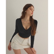 AIR SPACE PADDED BRA TOP Double Push Up Front Crossover V Neck Top Long Sleeves