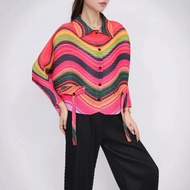 Womens New Pleated Lapel Striped Retro Casual Fashion Shirt