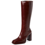 Black Leather Knee High Boots for Women Platform Chunky Heeled Long Tall Boots Square Toe Fashion Dr