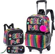 3PCS Rolling Backpack for Girls Backpack with Wheels School Bag with Lunch Bag &amp; Pencil Pouch Wheeled Backpack Kids