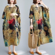 Oladivi Plus Size Fashion Print Women Dress Casual Oversized Summer Cotton Linen Long Tunic 6011 KCJ