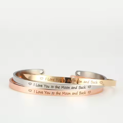 4mm Width Laser Engraved "I Love You To The Moon and Back " Personality Cuff Bangles Mantra Bracelet