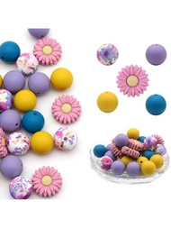 25入組彩色混合矽膠雛菊聚焦圓形珠子和矽膠筆珠子,適用於diy珠寶製作、手鐲、項鍊、鑰匙扣、手機吊飾、包裝配件等用途