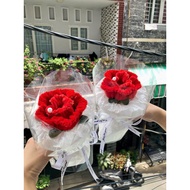 Rose Bouquet of 1 Velvet Flower, Chiffon Wrapping Paper with Pearls as a Meaningful Gift