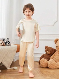 幼童男孩純色緞面短袖上衣和褲子睡衣套裝