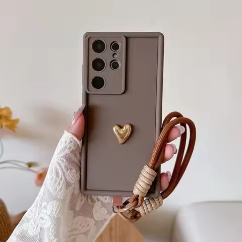 3D Gold Heart Love Wrist Strap Case For Samsung Galaxy S25 Ultra S23 S22 Plus S24 S21 FE Note 20 A56
