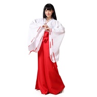 Japanese Anime Kikyo Miko Kimono Cosplay Witch Costume Women's White Kimono Red Hakama Pants Outfit 