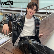 MON F1 Vintage Black Leather Jacket For Men Embroidery Riding Jacket Motor Windbreaker Jacket Unisex