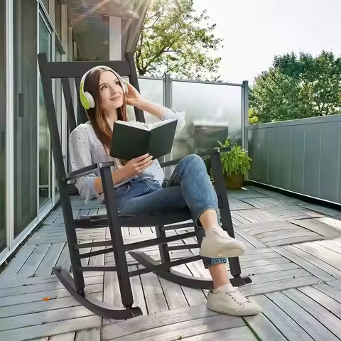 Porch Rocker, High Back Wood Rocking Chair, Patio Rocking Chair, Outdoor Rocking Chair, Wood Porch R