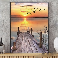 DIY Diamond Embroidery, Round Full Diamond beads Sunset over the sea with seabirds, pier decoration painting rhinestone Diamond