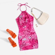 90s Marble Print Ruched Halter Dress