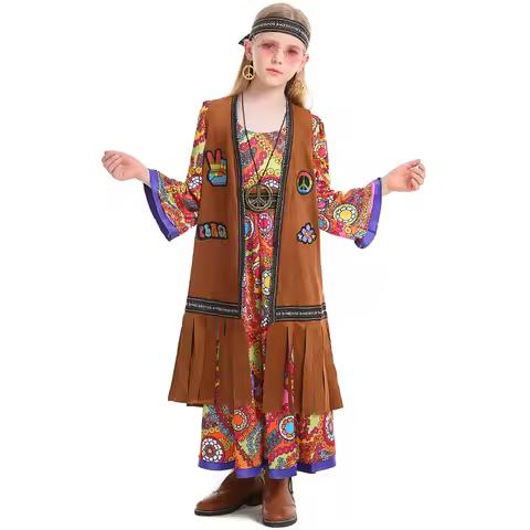 Girls 70s Hippie Disco Dress Boho Maxi with Fringe for Halloween Bohemian Theme Parties Costume Kids
