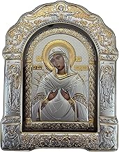(AS-4/006/G/K) Virgin Mary Seven Swords Byzantine Silver Christian Orthodox Icon With GLASS/Greek Ha