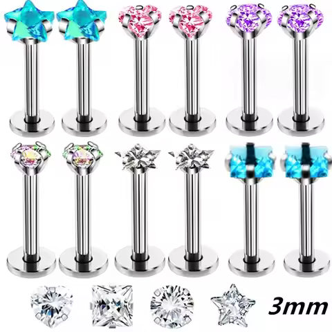 3mm Crystal Star Labret Piercing Stud Set Lip Ring Bulk Tragus Earring Flat Helix Stud Cartilage Jew