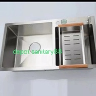 Kitchen zink 2 lubang stainless 7541 komplit+kran tarik hitam