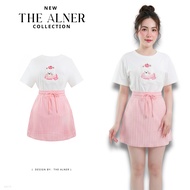 Thealner-AN870 (White Shirt Set With Embroidered Dog Pattern Short Sleeves Pink Plaid Skirt)