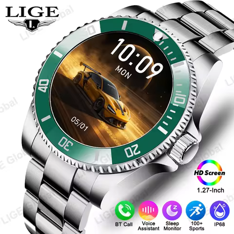 LIGE Men's Luxury Full Steel Smartwatch BT Call Voice Assistant Man Wristwatch 100+ Sports Sleep Mon
