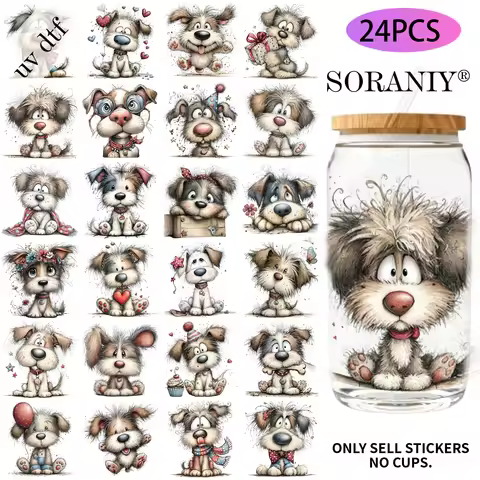 24PCS/Set Whimsical 4Th Of July Dog Themed UV DTF 16OZ DIY Transfer Sticker For 16OZ Water Bottles G