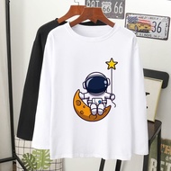 ASTRONAUT GRAFIK T-SHIRT Lengan Panjang Muslimah perempuan lelaki kain cotton baju tshirt labuh wanita laki longsleeve