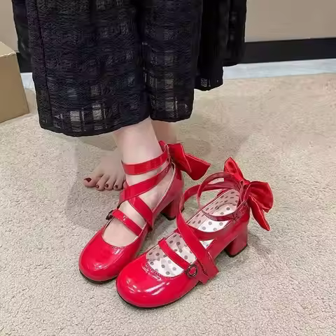 Sweet Lolita Red Patent Leather Mary Jane Shoes Bow Knot Cross Strap Block Heel Platform Shoes For W