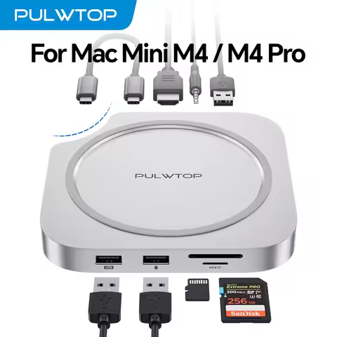 PULWTOP Mac Mini M4 Dock with 4TB SSD Enclosure, HDMI 4K 60Hz, 3 x USB A 2.0, SD/TF, Audio, for Mac 