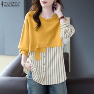 MOMONACO ZANZEA Korean Style Women's Sweatshirts Elegant Stripe Patchwork O-Neck Top Pullover #10