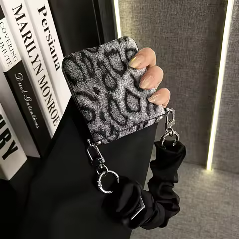 Luxury Grey Leopard Print Phone Case with Elastic Silk Scarf Strap for Motorola Razr50 Razr 50 Ultra