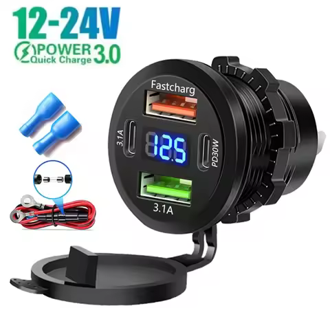 83W Motorcycle Car Charger Socket PD30W Fast Charging 22.5W Dual USB Type C Outlet Phone Power Adapt