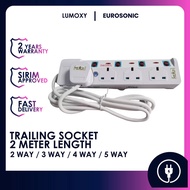 LMY_ SIRIM 2M Extension Eurosonic White Trailing Socket Multiple 2 Pin Plug Adapter w Neon Light 2/3/4/5 Gang Home Livin