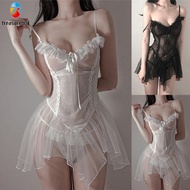 #Treasurebox&gt;&gt;Sexy Perspective Lingerie Dress with Gstring Underwear for Women Nightwear Black