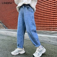 LJMOFA Kids Jeans for Baby Teen Kids High Waist with Pocket Bundle legs Pants Black Soft Casual Trou