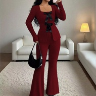 Women's Elegant Cloud-Like Fleece Ribbed High-Design Bowknot Collar Long Sleeve Cinched Waist Top An